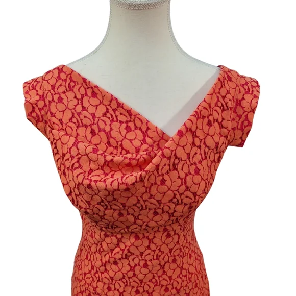 Black Halo Jackie-O Cotton Blend Raschel Lace Orange Pink Pencil Midi Dress Sz 2